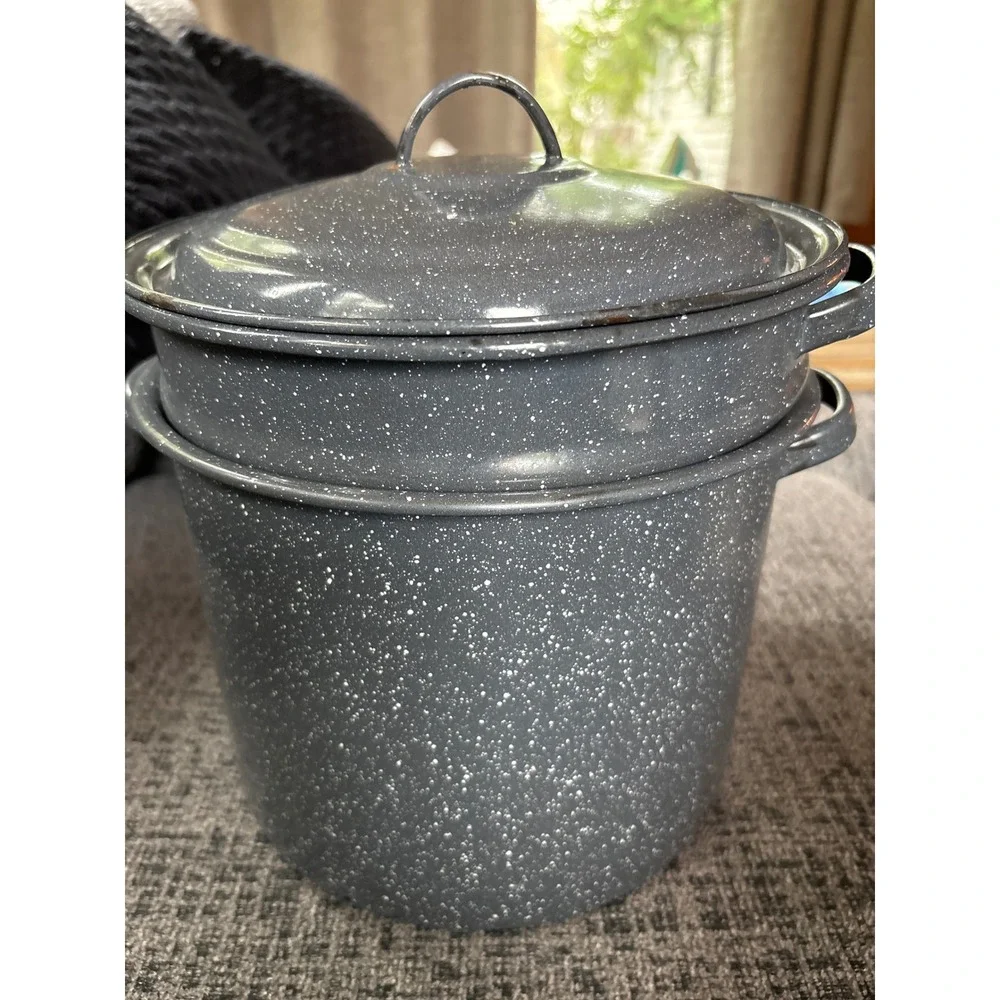 Vintage Grey Speckled Granite Ware Enamel Steamer Pot Set with Lid 3 Piece